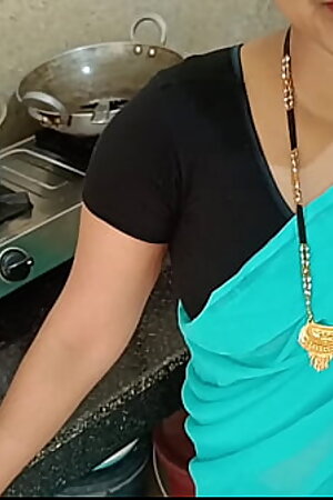 Newly married housewife was chatting with husband and getting fuck with step-brother in kitchen in doggy style dirty hindi audio